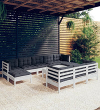 11-tlg. Garten-Lounge-Set mit Kissen Weiß Kiefer Massivholz