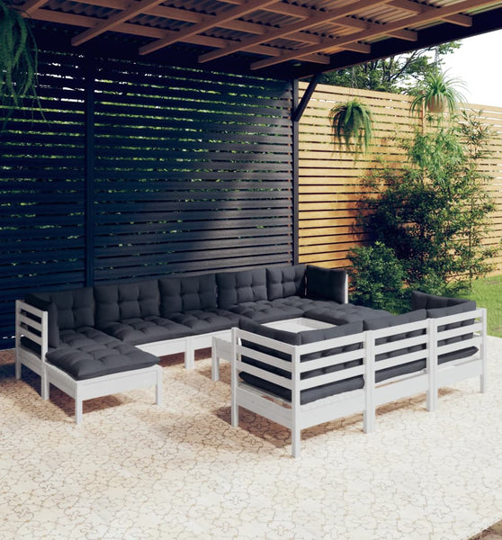 11-tlg. Garten-Lounge-Set mit Kissen Weiß Kiefer Massivholz