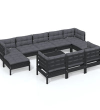 11-tlg. Garten-Lounge-Set mit Kissen Schwarz Kiefer Massivholz