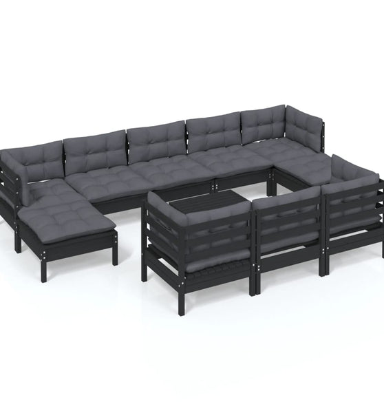 11-tlg. Garten-Lounge-Set mit Kissen Schwarz Kiefer Massivholz