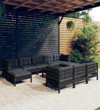 11-tlg. Garten-Lounge-Set mit Kissen Schwarz Kiefer Massivholz