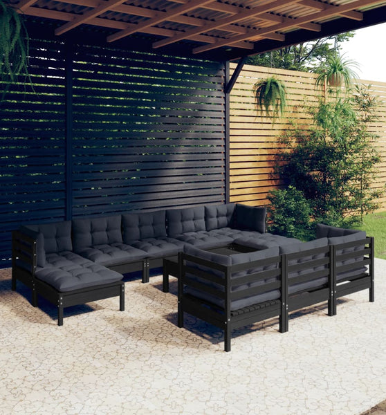 11-tlg. Garten-Lounge-Set mit Kissen Schwarz Kiefer Massivholz