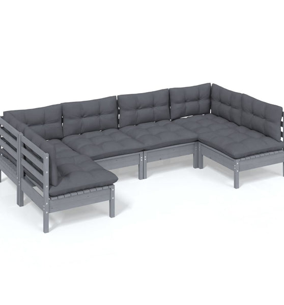 6-tlg. Garten-Lounge-Set mit Kissen Grau Kiefer Massivholz