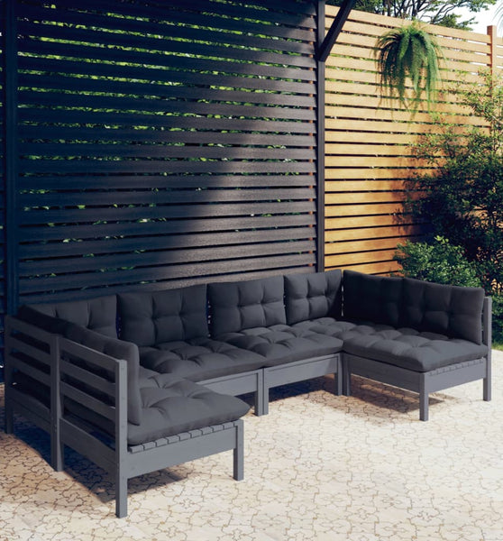 6-tlg. Garten-Lounge-Set mit Kissen Grau Kiefer Massivholz