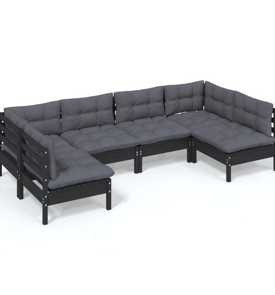 6-tlg. Garten-Lounge-Set mit Kissen Schwarz Kiefer Massivholz