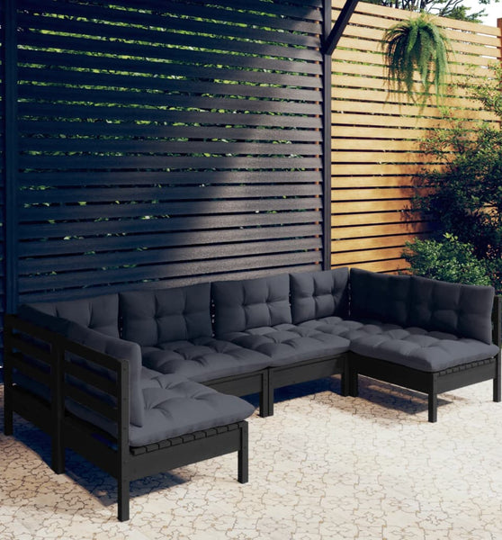 6-tlg. Garten-Lounge-Set mit Kissen Schwarz Kiefer Massivholz