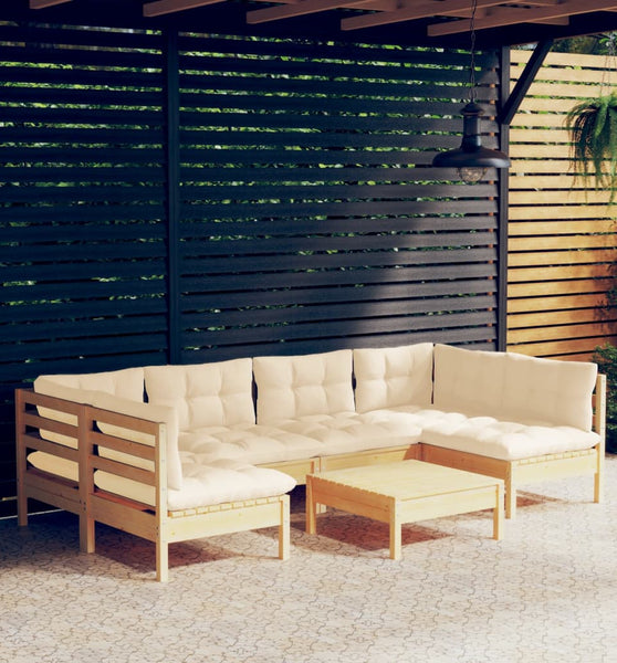 7-tlg. Garten-Lounge-Set mit Creme Kissen Massivholz Kiefer