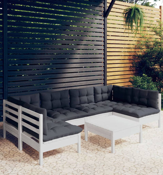 7-tlg. Garten-Lounge-Set mit Kissen Weiß Kiefer Massivholz