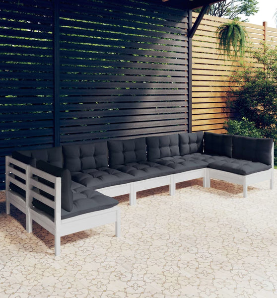 7-tlg. Garten-Lounge-Set mit Kissen Weiß Kiefer Massivholz