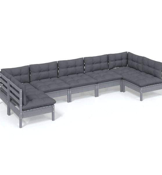 7-tlg. Garten-Lounge-Set mit Kissen Grau Kiefer Massivholz