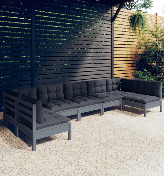 7-tlg. Garten-Lounge-Set mit Kissen Grau Kiefer Massivholz