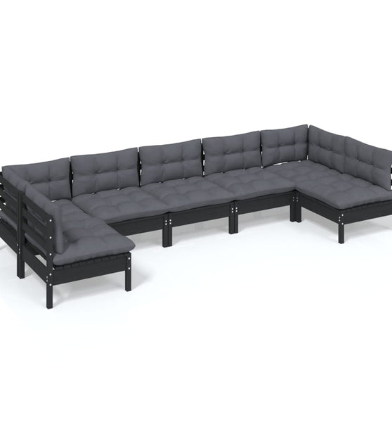 7-tlg. Garten-Lounge-Set mit Kissen Schwarz Massivholz Kiefer