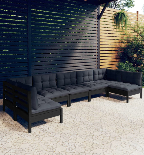 7-tlg. Garten-Lounge-Set mit Kissen Schwarz Massivholz Kiefer