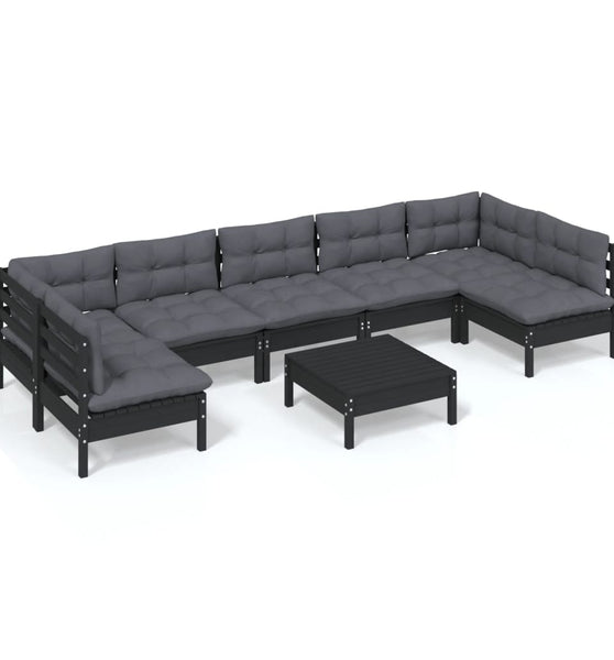 8-tlg. Garten-Lounge-Set mit Kissen Schwarz Massivholz Kiefer