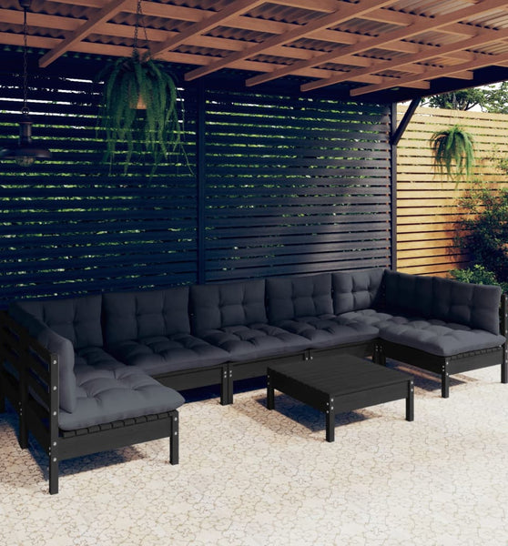 8-tlg. Garten-Lounge-Set mit Kissen Schwarz Massivholz Kiefer