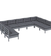 9-tlg. Garten-Lounge-Set mit Kissen Grau Kiefer Massivholz