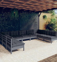 9-tlg. Garten-Lounge-Set mit Kissen Grau Kiefer Massivholz