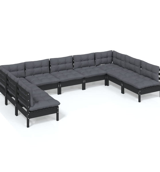 9-tlg. Garten-Lounge-Set mit Kissen Schwarz Massivholz Kiefer