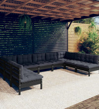 9-tlg. Garten-Lounge-Set mit Kissen Schwarz Massivholz Kiefer