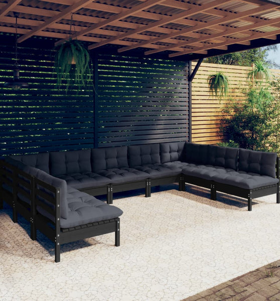 9-tlg. Garten-Lounge-Set mit Kissen Schwarz Massivholz Kiefer