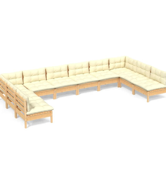 10-tlg. Garten-Lounge-Set mit Creme Kissen Massivholz Kiefer