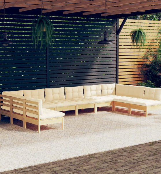 10-tlg. Garten-Lounge-Set mit Creme Kissen Massivholz Kiefer