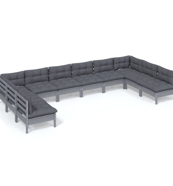 10-tlg. Garten-Lounge-Set mit Kissen Grau Kiefer Massivholz