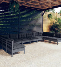 10-tlg. Garten-Lounge-Set mit Kissen Grau Kiefer Massivholz