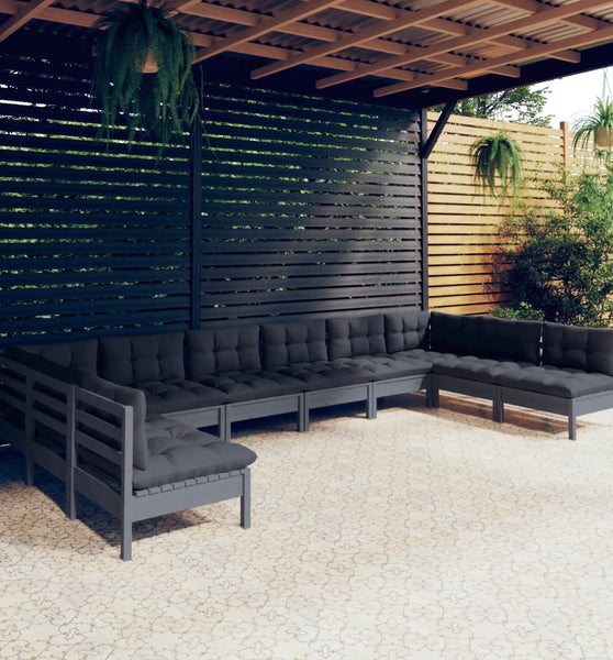 10-tlg. Garten-Lounge-Set mit Kissen Grau Kiefer Massivholz