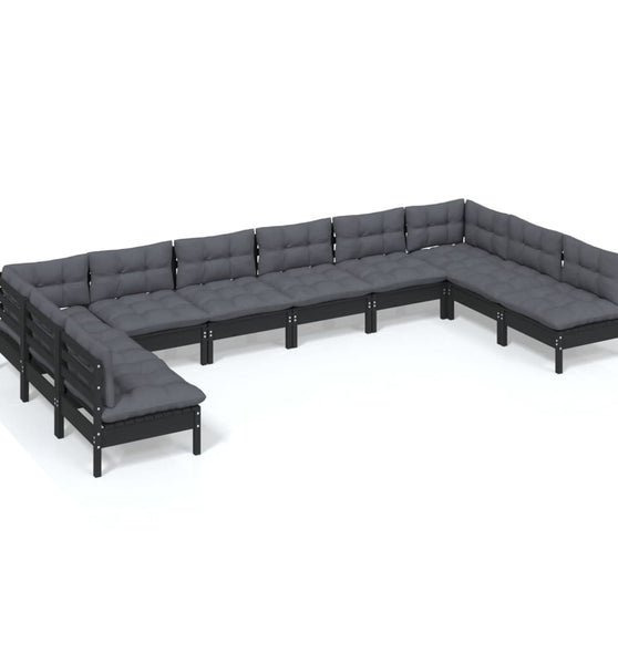 10-tlg. Garten-Lounge-Set mit Kissen Schwarz Kiefer Massivholz