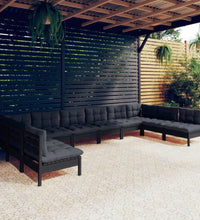 10-tlg. Garten-Lounge-Set mit Kissen Schwarz Kiefer Massivholz