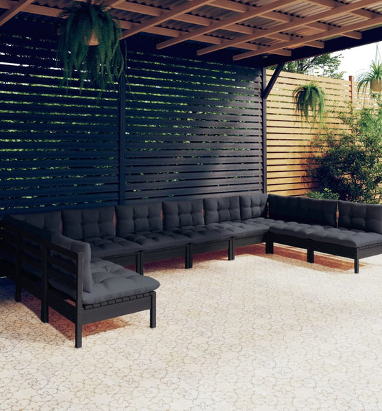 10-tlg. Garten-Lounge-Set mit Kissen Schwarz Kiefer Massivholz