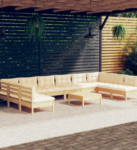 11-tlg. Garten-Lounge-Set mit Creme Kissen Massivholz Kiefer