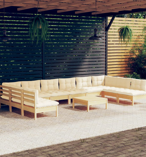 11-tlg. Garten-Lounge-Set mit Creme Kissen Massivholz Kiefer