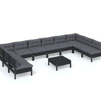 11-tlg. Garten-Lounge-Set mit Kissen Schwarz Kiefer Massivholz