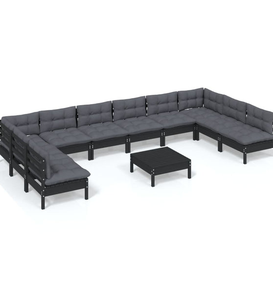 11-tlg. Garten-Lounge-Set mit Kissen Schwarz Kiefer Massivholz