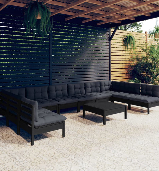 11-tlg. Garten-Lounge-Set mit Kissen Schwarz Kiefer Massivholz