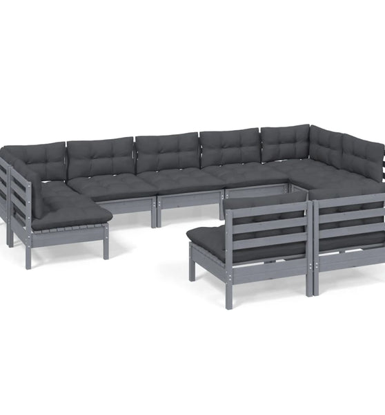 9-tlg. Garten-Lounge-Set mit Kissen Grau Kiefer Massivholz