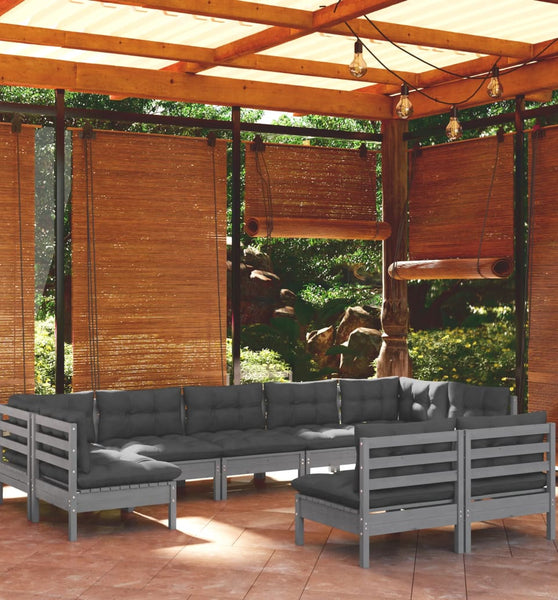 9-tlg. Garten-Lounge-Set mit Kissen Grau Kiefer Massivholz