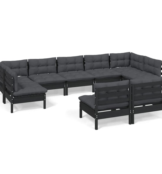 9-tlg. Garten-Lounge-Set mit Kissen Schwarz Massivholz Kiefer