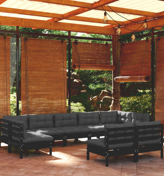 9-tlg. Garten-Lounge-Set mit Kissen Schwarz Massivholz Kiefer