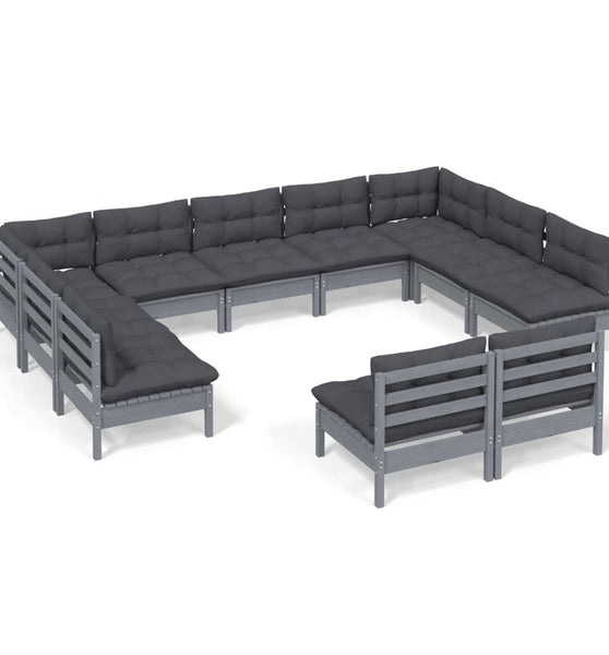 11-tlg. Garten-Lounge-Set mit Kissen Grau Kiefer Massivholz