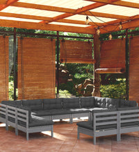 11-tlg. Garten-Lounge-Set mit Kissen Grau Kiefer Massivholz