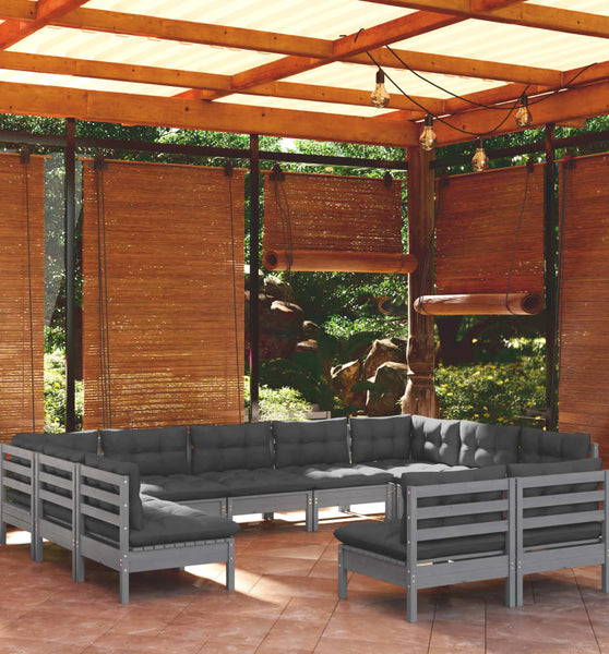 11-tlg. Garten-Lounge-Set mit Kissen Grau Kiefer Massivholz