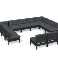 11-tlg. Garten-Lounge-Set mit Kissen Schwarz Kiefer Massivholz