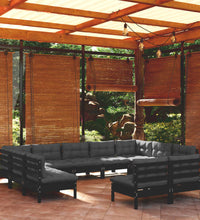 11-tlg. Garten-Lounge-Set mit Kissen Schwarz Kiefer Massivholz