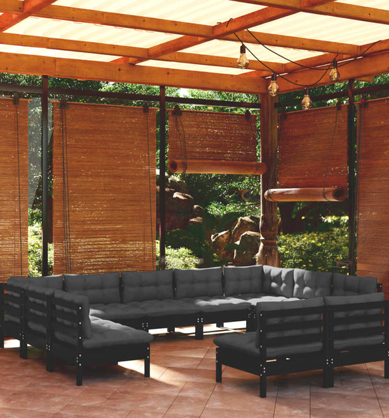 11-tlg. Garten-Lounge-Set mit Kissen Schwarz Kiefer Massivholz