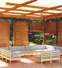 12-tlg. Garten-Lounge-Set mit Grauen Kissen Kiefer Massivholz