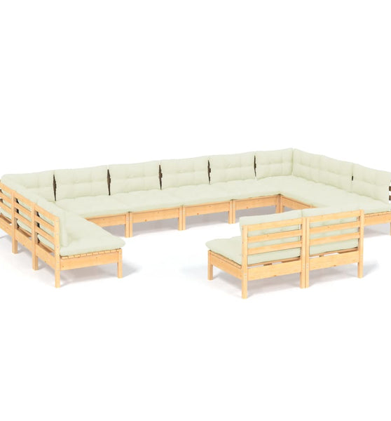 12-tlg. Garten-Lounge-Set mit Creme Kissen Massivholz Kiefer