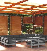 12-tlg. Garten-Lounge-Set mit Kissen Grau Kiefer Massivholz